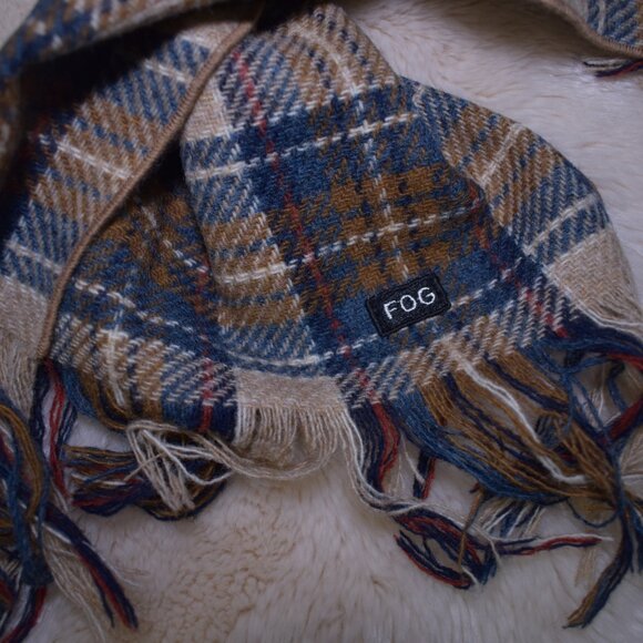 London Fog Plaid Wool Scarf Brown Blue - Picture 5 of 11